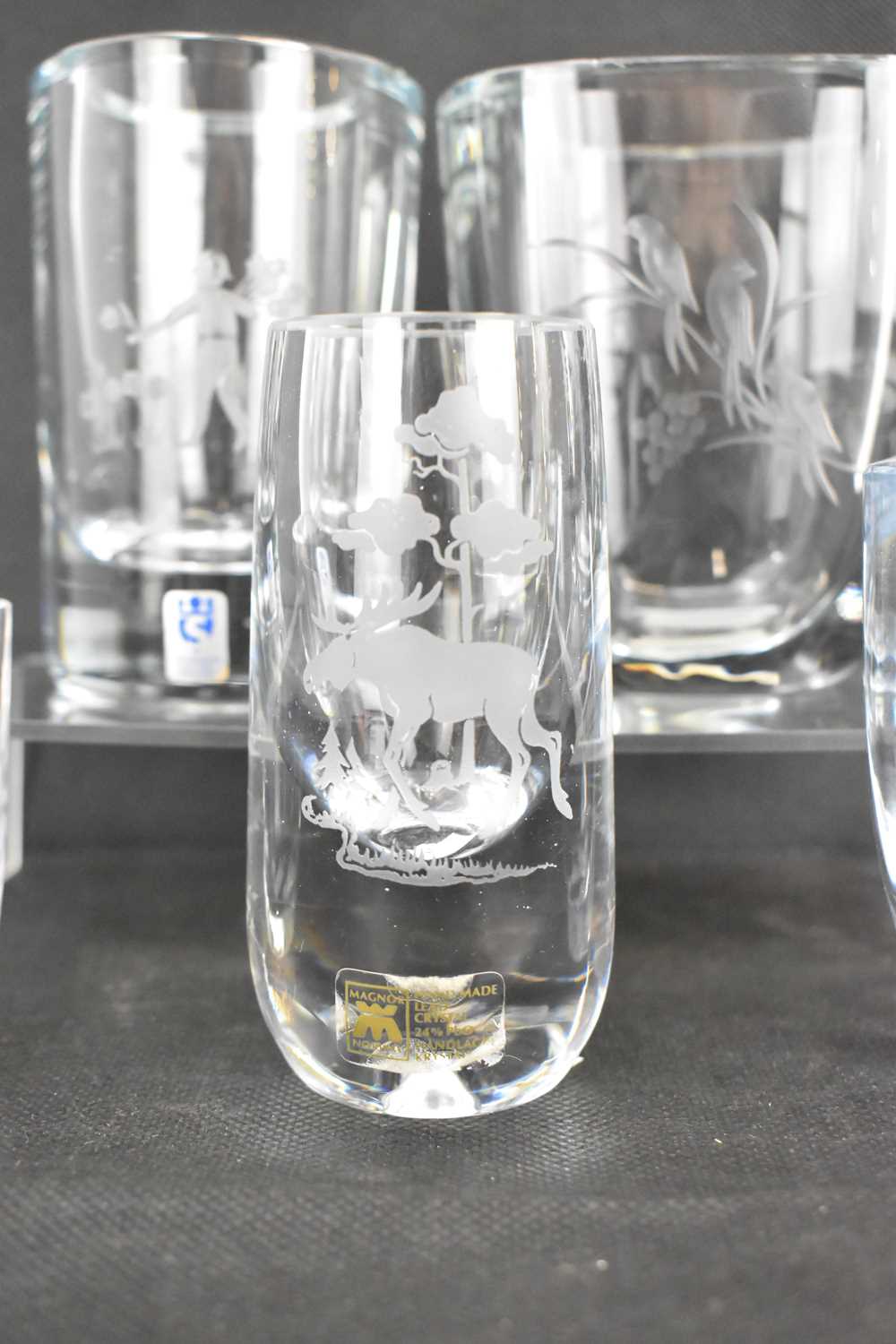 Five clear lead crystal Scandinavian vases to include Stromberg's Hyttan Sweden, engraved with image - Image 3 of 6