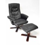 A black faux leather reclining lounge chair and matching footstool (2).