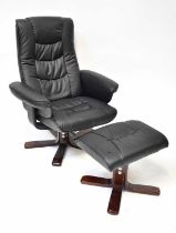 A black faux leather reclining lounge chair and matching footstool (2).