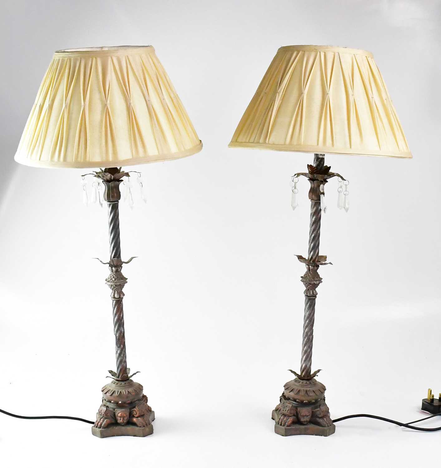 A pair of metal table lamps with columns in the form of palm trees, to lion paw feet, together - Image 2 of 2