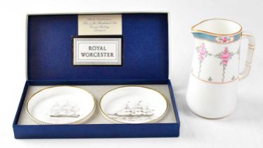 BLUE STAR LINE; a Minton jug, height 12cm, and a boxed pair of Royal Worcester commemorative