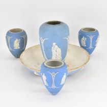 WEDGWOOD; five blue jasperware ceiling light fittings/parts, decorated with applied Classical