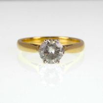 An 18ct yellow gold diamond solitaire ring, the claw set diamond approx. 1ct, suggested colour K and