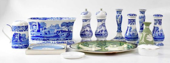 SPODE; a group of 'Italian' pattern blue and white ceramics, comprising a pair of candlesticks, a