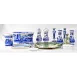 SPODE; a group of 'Italian' pattern blue and white ceramics, comprising a pair of candlesticks, a