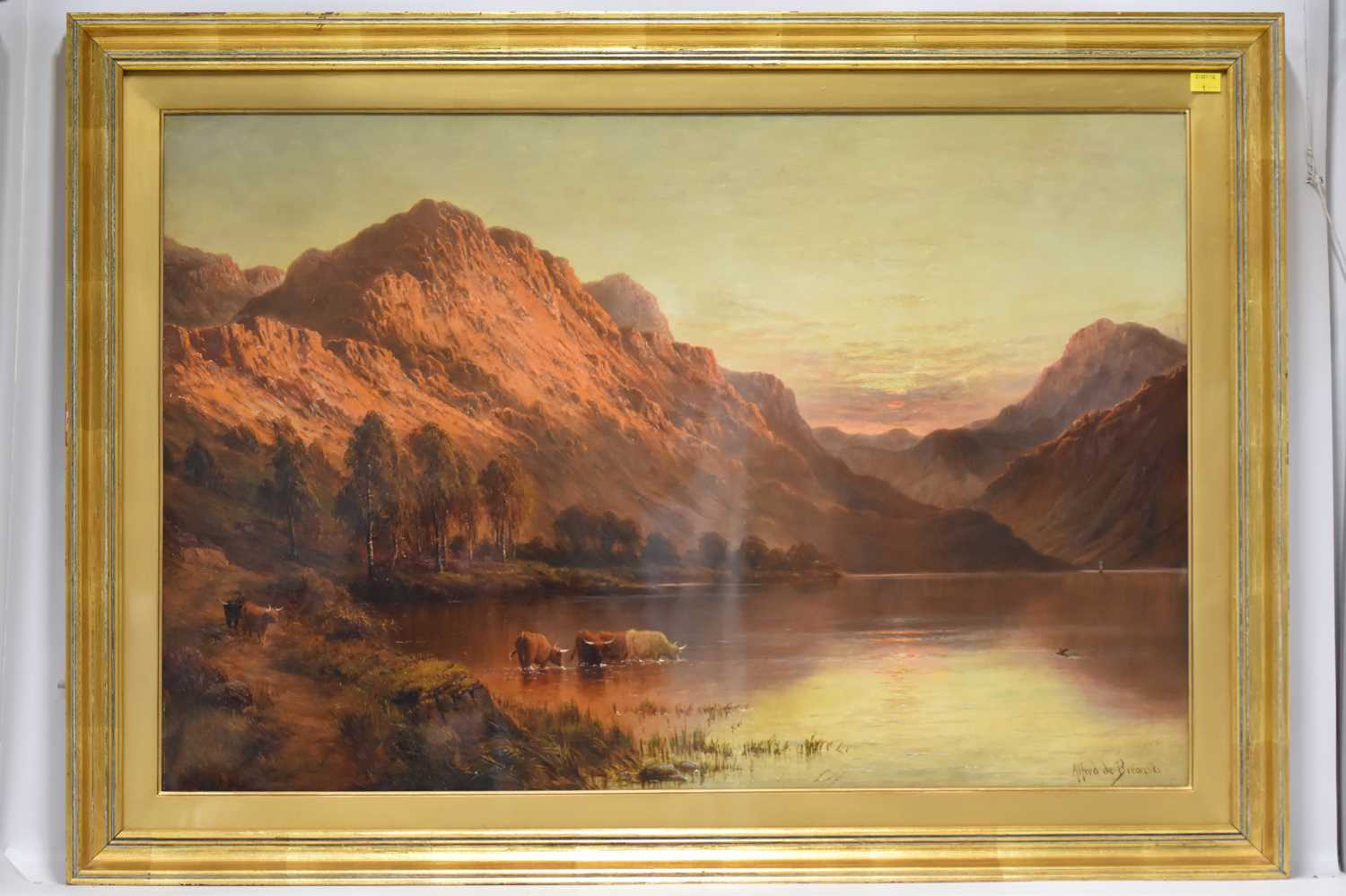 ALFRED DE BREANSKI SNR (1852-1928); oil on canvas, cattle drinking at a loch in Scottish Highlands - Image 6 of 11