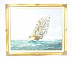 † AMBROSE (20th century); oil on canvas, tall-masted sailing ship in full sail, signed lower