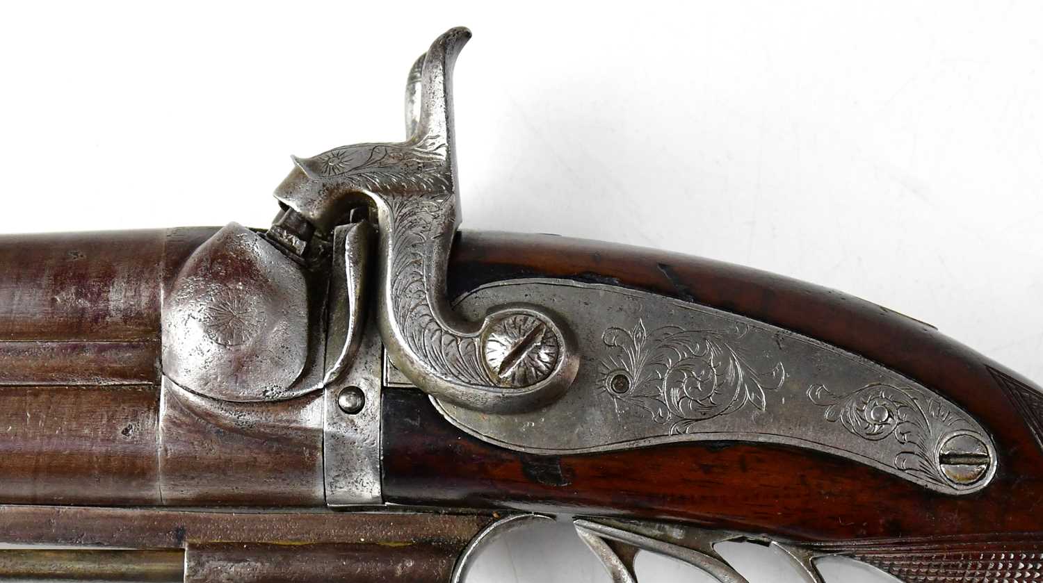 A 19th century double-barrelled 32 bore side hammer percussion howdah pistol, with 8 1/2" rifled - Image 6 of 10