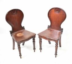 A pair of Regency mahogany hall chairs with balloon backs, on turned legs, height 86cm (2).
