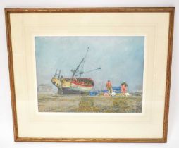 † MARGARET GLASS PS (born 1950); pastel, 'Unloading the catch; Aldeburgh', initialled and dated '87'