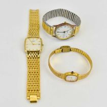 Three gold plated wristwatches comprising a gentlemen's Rotary watch, the white dial with baton