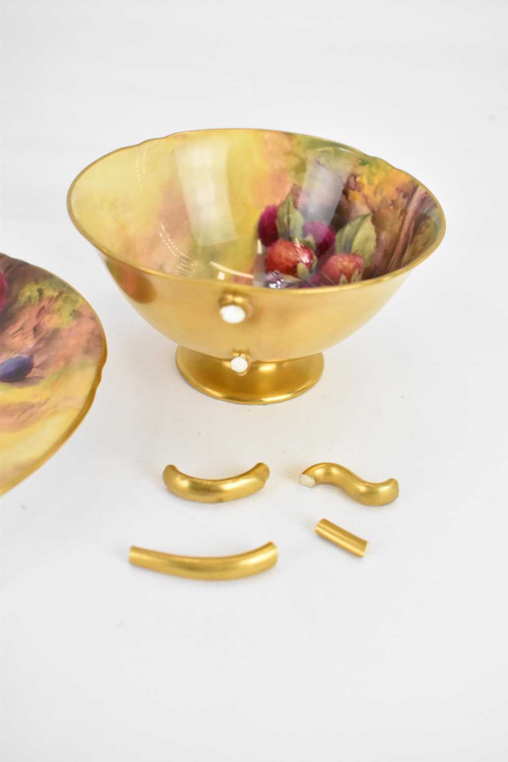 ROYAL WORCESTER; a teacup and saucer hand-painted fallen fruit, by Horace Price, factory marks to - Image 3 of 5