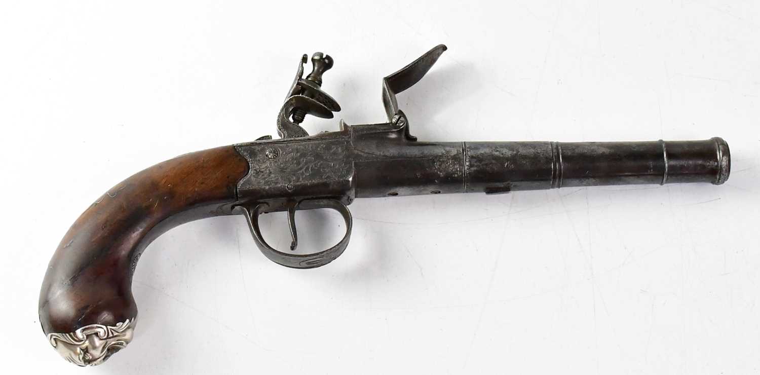 H. DELANY, LONDON; a late 17th/early 18th century 22 bore flintlock pistol, 4.25" three stage turn-