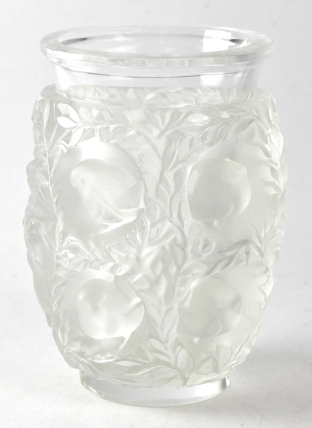 LALIQUE; a clear and frosted glass 'Bagatelle' vase, depicting two rows of birds in foliate