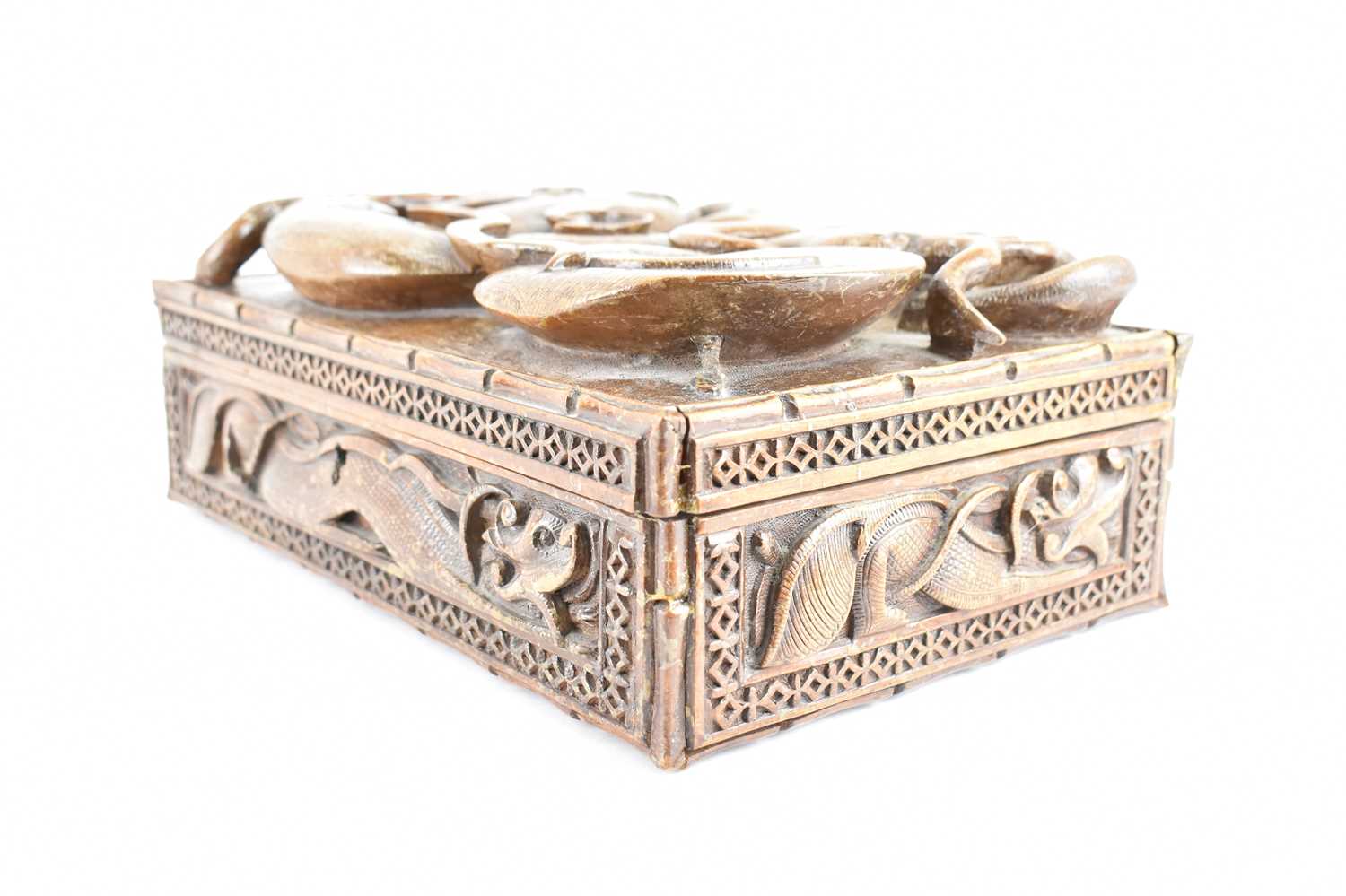 A large wooden box with carved dragon and serpent lid, with internal tray and loose dividers, 12 x - Image 3 of 5