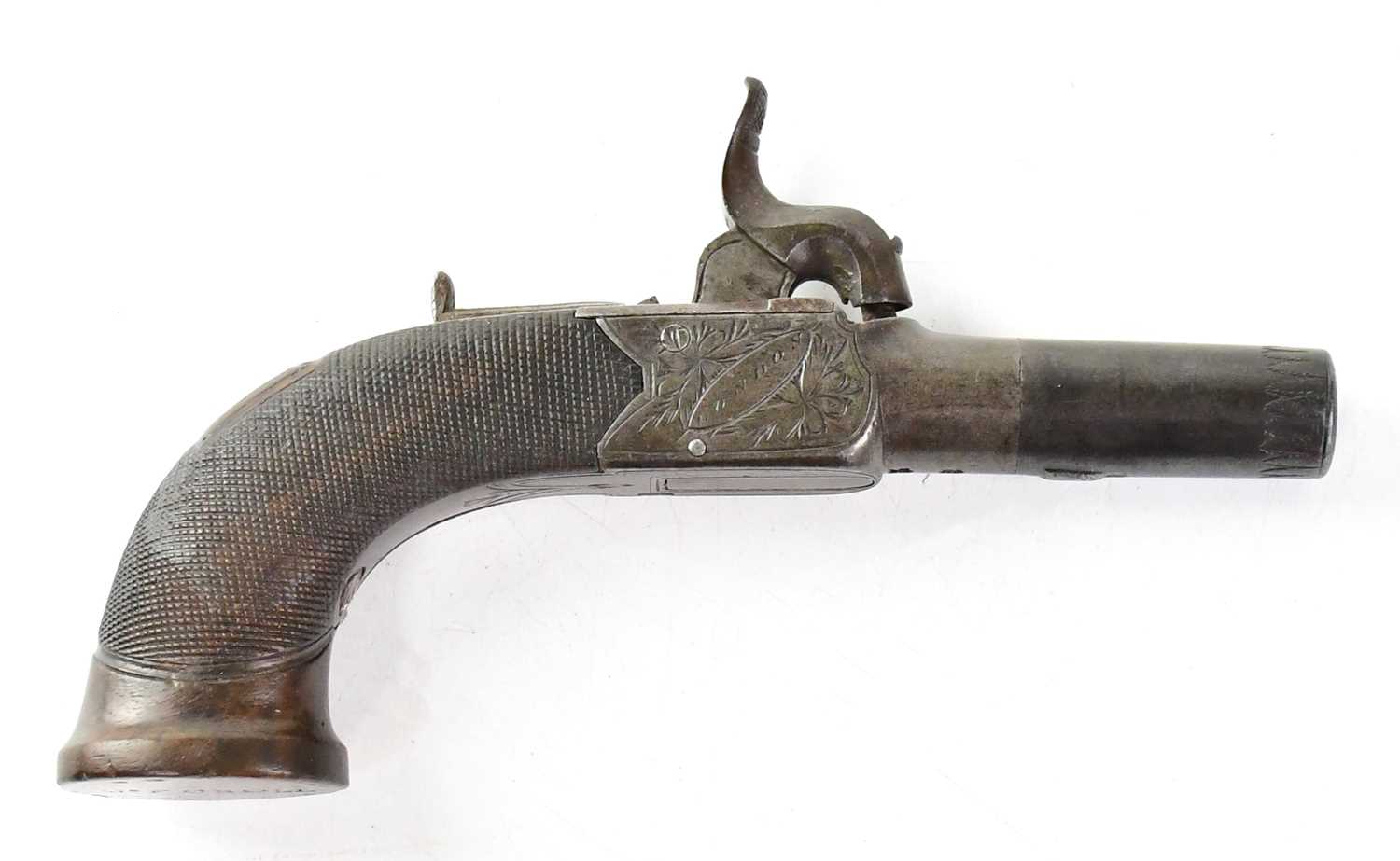 MORTIMER, LONDON; a 19th century 56 bore percussion cap pocket pistol with 1.5" turn-off barrel, box