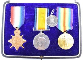 A WWI cased trio of medals comprising British War Medal, Victory Medal, and 1914-15 Star, awarded to