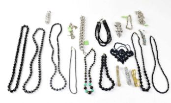 Four jet cut glass bead necklaces, together with other black bead necklaces and various metal