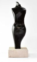 A 20th century bronze stylised sculpture of a nude female, mounted on square stone base, height