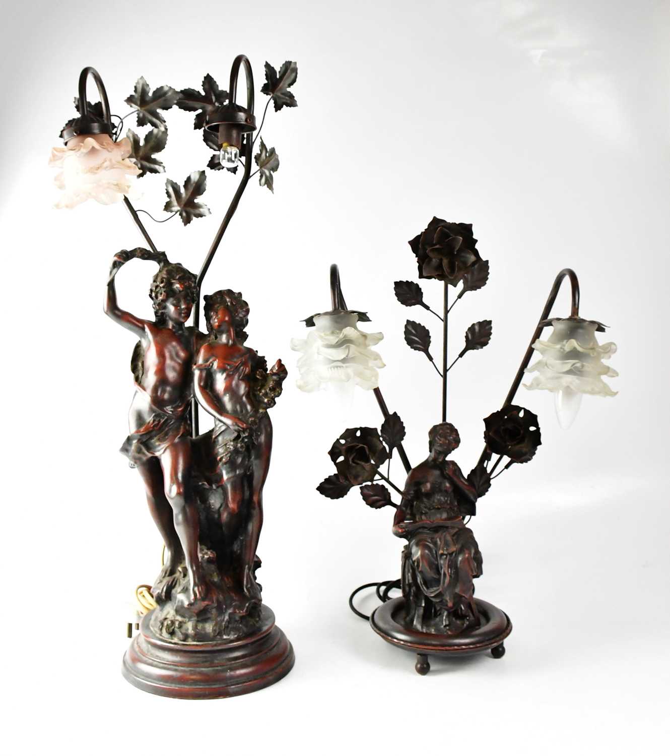 A figural spelter lamp base modelled as a young couple, with frosted glass shade (one shade - Image 2 of 2