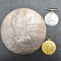 WWI medals comprising a War Medal and memorial plaque awarded to TE (Thomas) Lamb no. 6502 of the