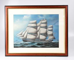 UNATTRIBUTED (20th century); gouache, tall-masted sailing ship in full sail, 29 x 39cm, framed and