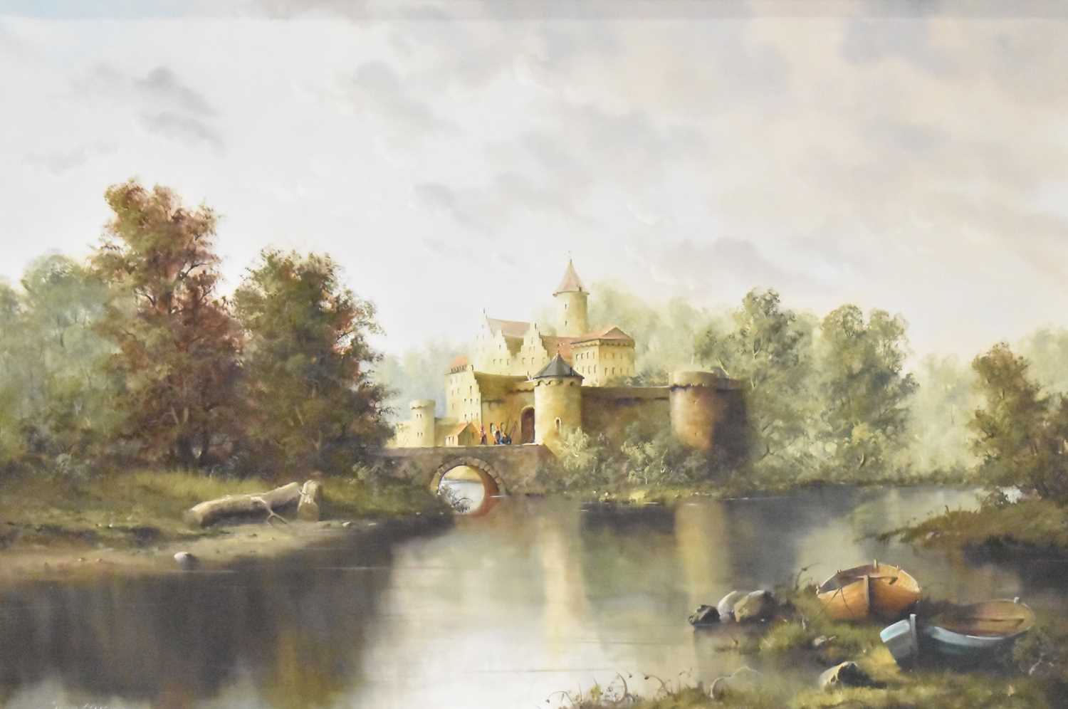 GUNTHER; a large oil on canvas, Continental scene of country fort/château in woodland with boats - Image 2 of 3