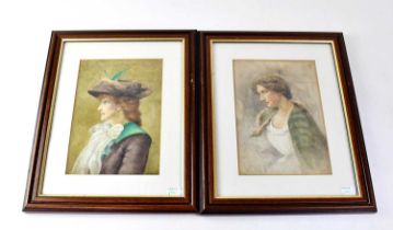 W. ISAACS; two early 20th century watercolours, each depicting a bust of a woman, 23.7 x 16.4cm,