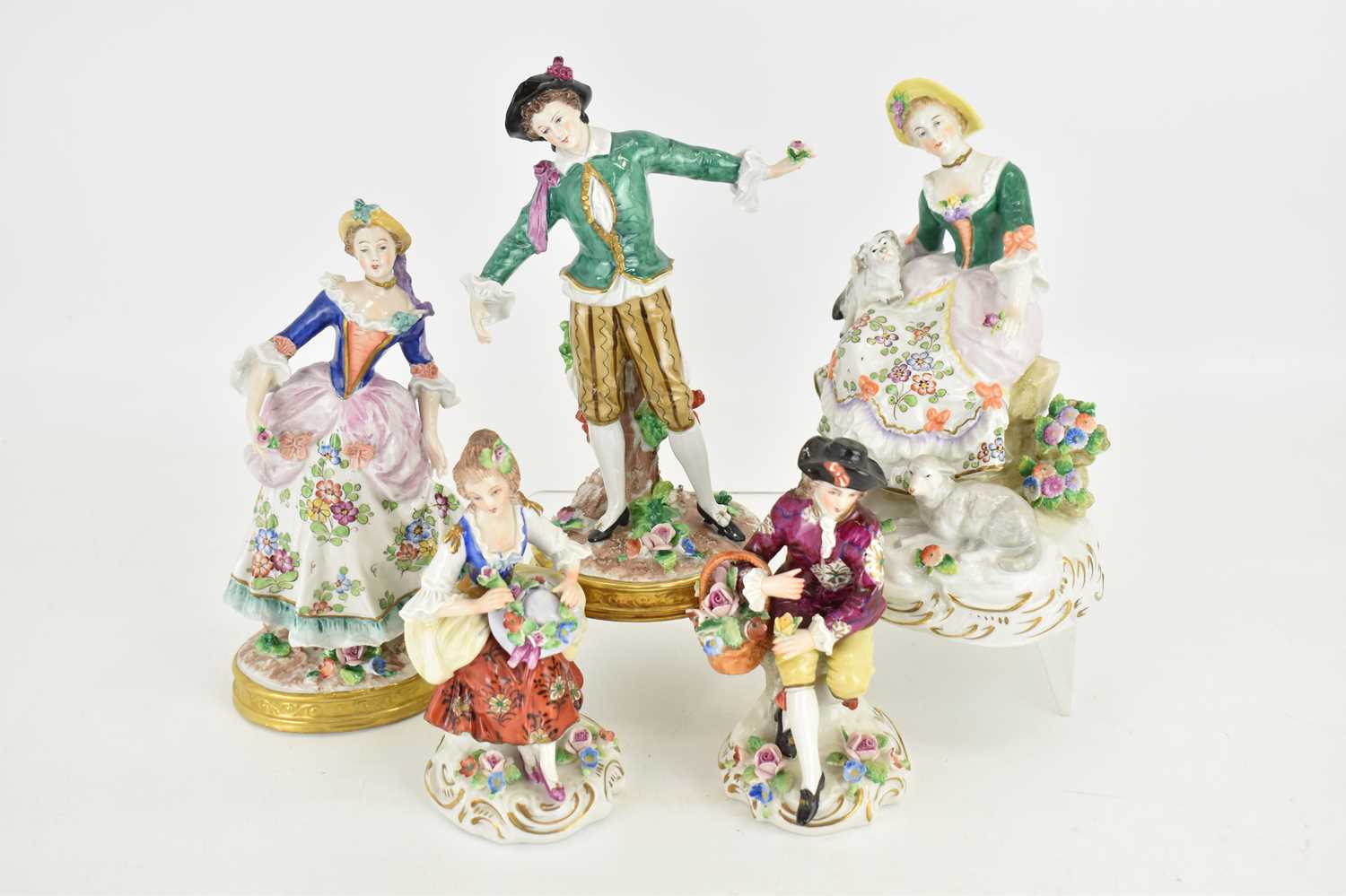 SITZENDORFS; five late 19th century porcelain figures comprising a dandy holding a flower, height - Image 2 of 2