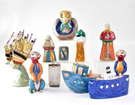 A collection of ceramics to include two model boats by Reptile, five South African brightly-coloured
