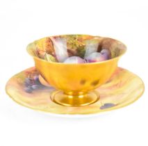 ROYAL WORCESTER; a teacup and saucer hand-painted fallen fruit, by Horace Price, factory marks to