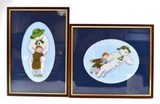 THE SNOWMAN; two cross stitch pictures, both framed and glazed and a set of five prints framed as