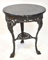 A cast iron Britannia pub table with later associated polished black marble top, height 77cm,