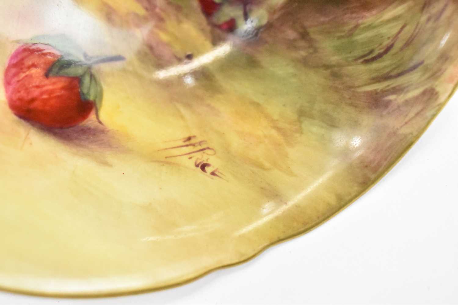 ROYAL WORCESTER; a teacup and saucer hand-painted fallen fruit, by Horace Price, factory marks to - Image 5 of 5