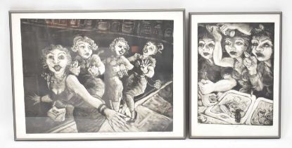 † C BLACK? (British, 20th century); two etchings, 'Make-up' 40 x 30cm, and 'Doxies on Harman