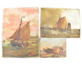 Three 19th century maritime oils on board, comprising two depicting sailed fishing boats on