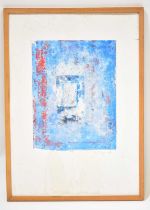 20th CENTURY ENGLISH SCHOOL; watercolour, abstract in blues and reds, indistinctly signed, 49.5 x