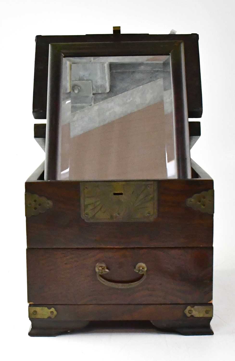 A Japanese wooden travelling vanity case with mirror in the top compartment and drawer below, the - Image 2 of 2