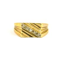 A 9ct gold signet ring with square table and diagonal stripe set with five tiny diamonds, size W,