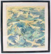 † JIM MANLEY (British, born 1934); mixed media on collage, ‘Gannets Fishing’, signed and titled to