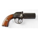 A 19th century 80 bore six shot caplock pepperbox revolver with 2.75" barrels, simple foliate