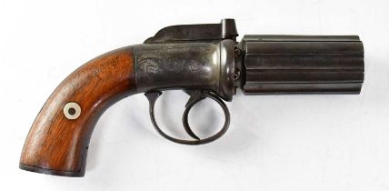 A 19th century 80 bore six shot caplock pepperbox revolver with 2.75" barrels, simple foliate