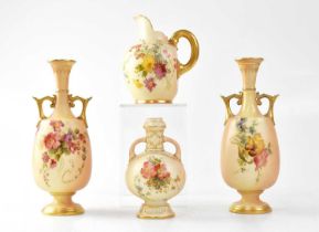 ROYAL WORCESTER; four Blush Ivory pieces, comprising a near pair of 1963 shape twin-handled vases,