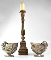 A pair of cast metal models of shells, height 22cm, together with a Baroque-style carved