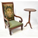 A William IV mahogany open arm nursing chair with tapestry upholstered back, height 105cm,