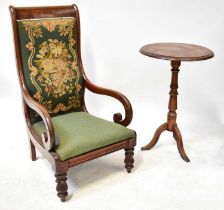 A William IV mahogany open arm nursing chair with tapestry upholstered back, height 105cm,