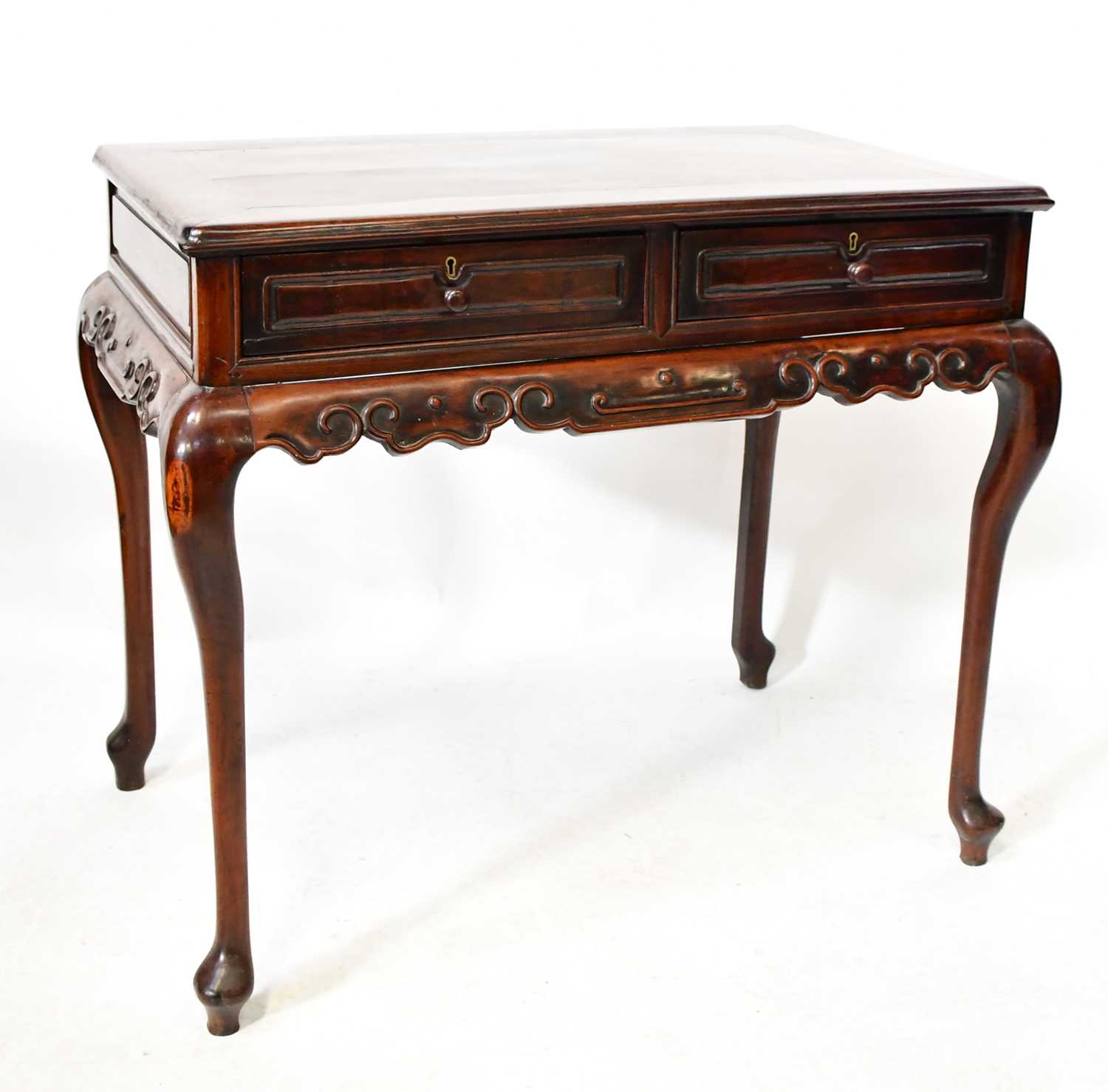 An early 19th century Anglo-Chinese Huanghuali two-drawer side table, 79 x 93 x 56cm.