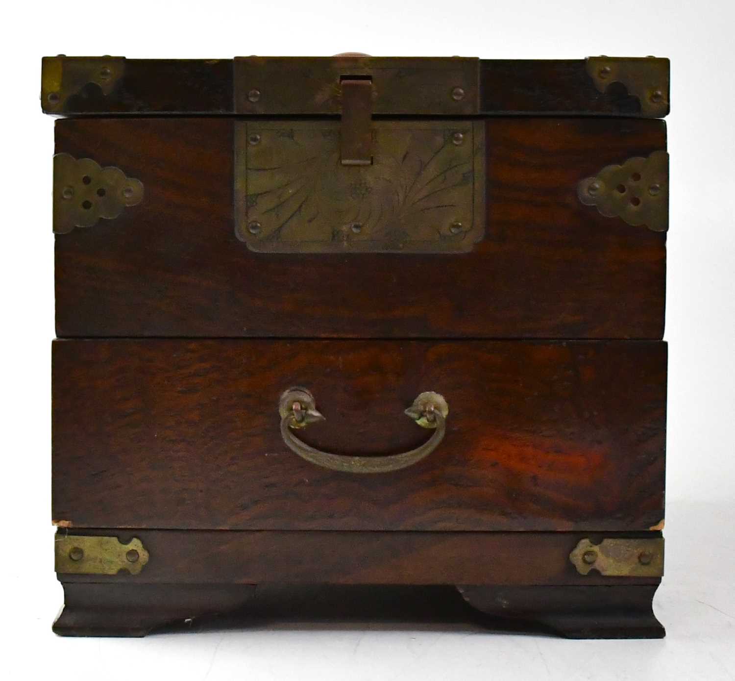 A Japanese wooden travelling vanity case with mirror in the top compartment and drawer below, the