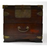 A Japanese wooden travelling vanity case with mirror in the top compartment and drawer below, the