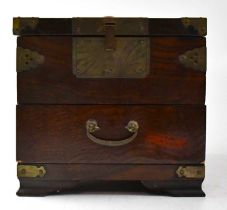 A Japanese wooden travelling vanity case with mirror in the top compartment and drawer below, the